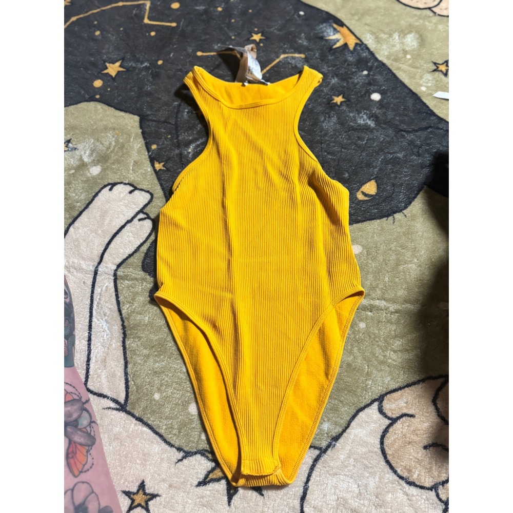 Zara Ribbed Bodysuit Tank Top Sleeveless High Neck Yellow Gold Women's